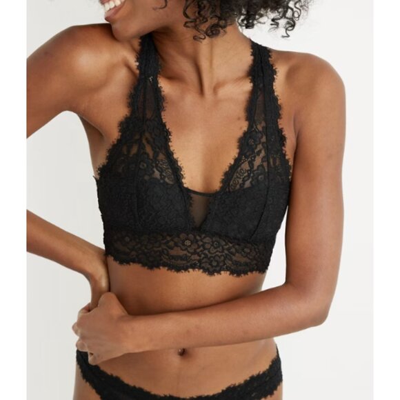 NWT AERIE Womens' Black Eyelash Lace Padded Plunge Bralette Sz Small DD - Picture 2 of 8